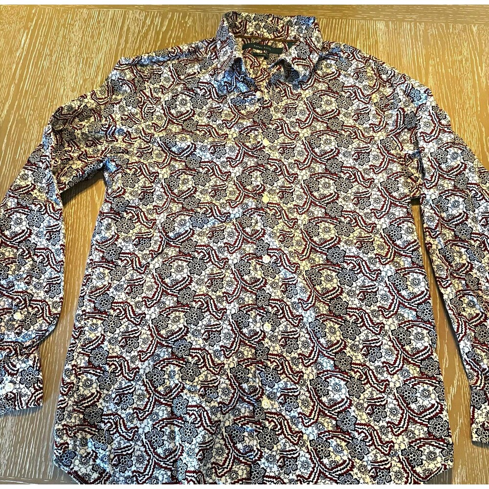 Perry Ellis Men's M White Red Blue Geometric Cotton Stretch Woven Button-Up